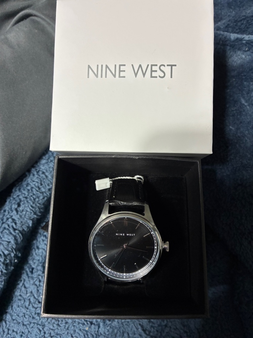 Nine West Black and Silver Leather Strap Watch